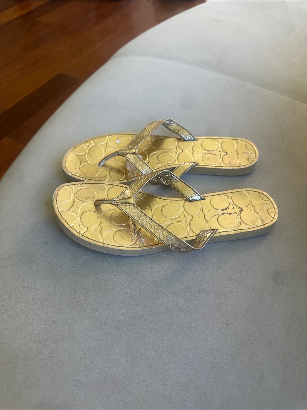 Coach Metallic Gold Logo-Pattern Flip Flop Sandals - Women